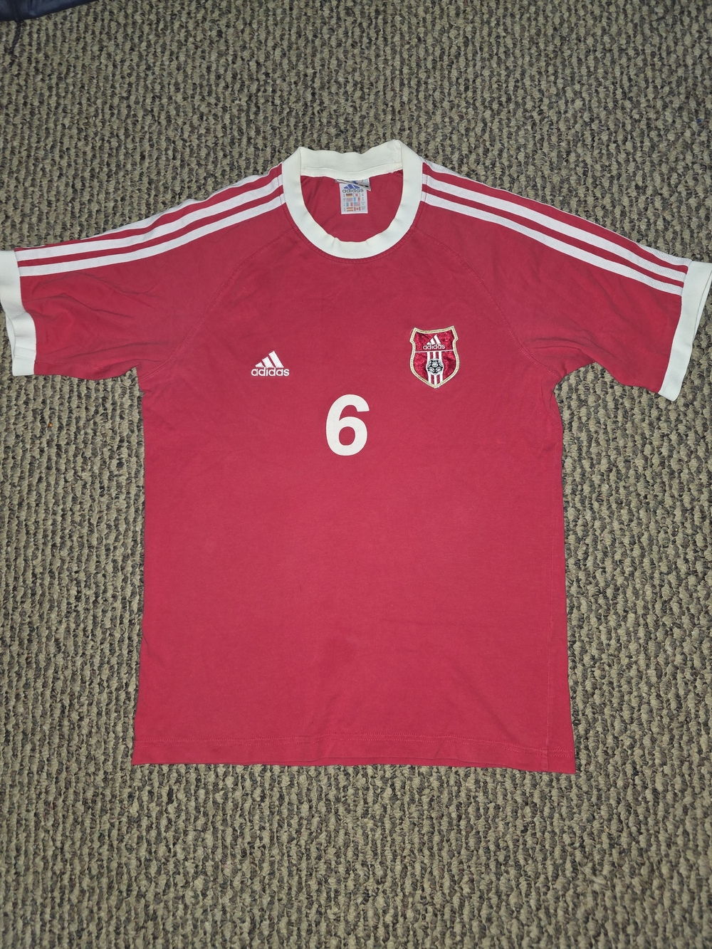Vintage Adidas Red Number 6 Soccer Jersey with White Trim